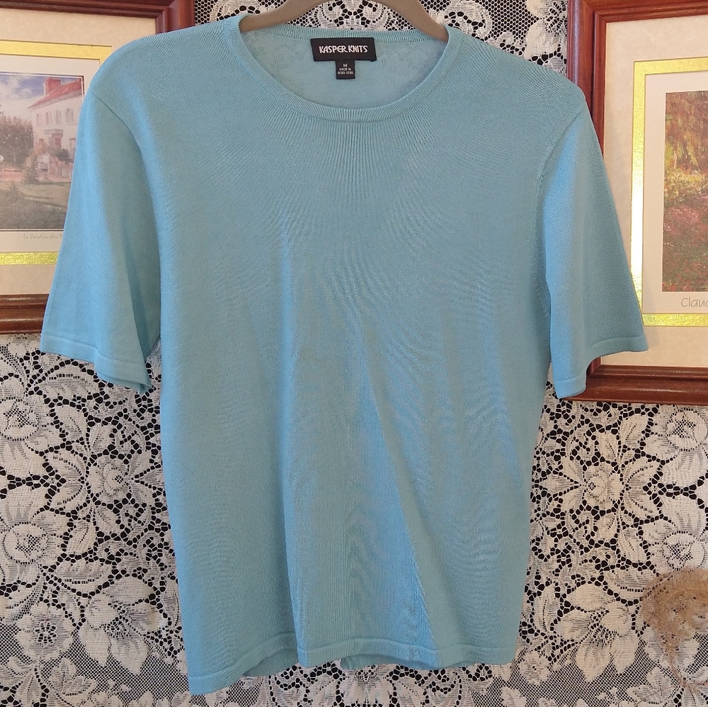 Kasper Knits sky blue crew neck short sleeve vintage sweater blouse rayon blend